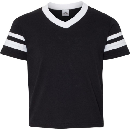 Custom Youth V-Neck Jersey with Striped Sleeves Black/ White
