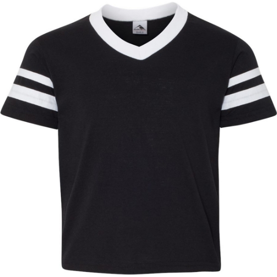 Custom Youth V-Neck Jersey with Striped Sleeves Black/ White