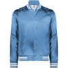 Custom Unisex Satin Baseball Jacket Striped Trim Columbia Blue/ White