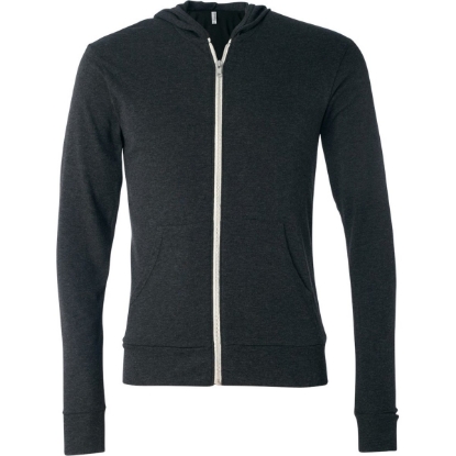 Custom Unisex Triblend Lightweight Full-Zip Hooded Long Sleeve Tee Charcoal Black Triblend