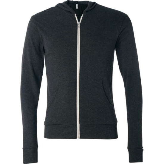 Custom Unisex Triblend Lightweight Full-Zip Hooded Long Sleeve Tee Charcoal Black Triblend
