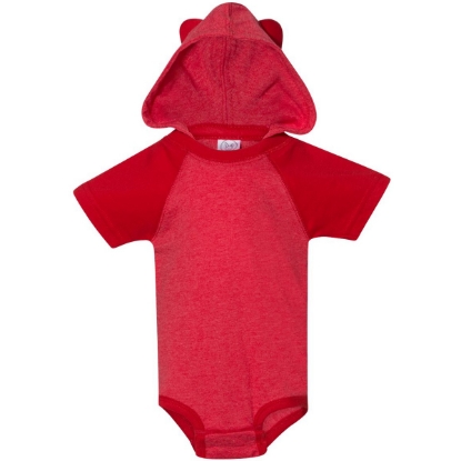 Custom Infant Fine Jersey Raglan Bodysuit with Hood & Ears Vintage Red/ Red