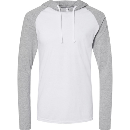 Custom Unisex Fine Jersey Hooded Long Sleeve Raglan T-Shirt Blended White/ Vintage Heather/ White