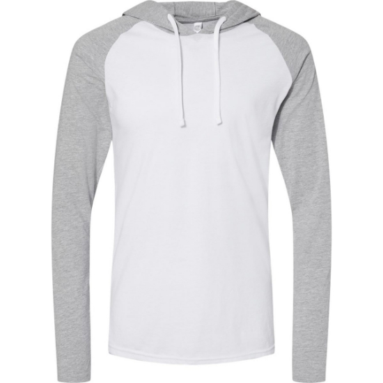 Custom Unisex Fine Jersey Hooded Long Sleeve Raglan T-Shirt Blended White/ Vintage Heather/ White