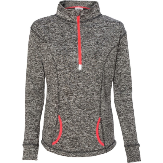 Custom Womens Cosmic Fleece Quarter-Zip Pullover Charcoal Fleck/ Fire Coral