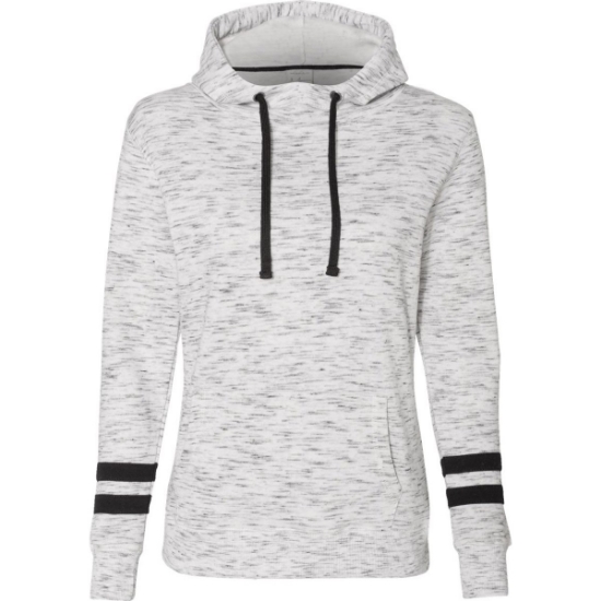 Custom Women’s Mélange Fleece Striped-Sleeve Hooded Sweatshirt White/ Black