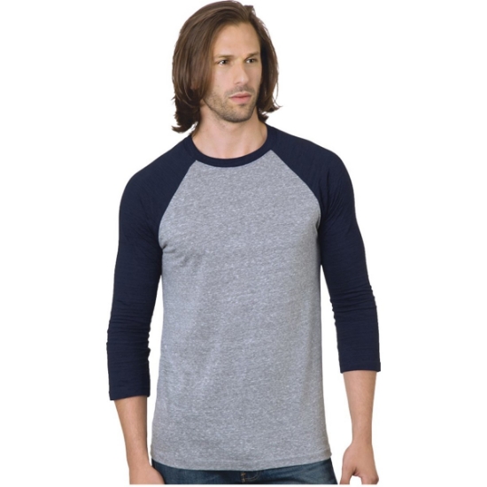 Custom Unisex Triblend Three-Quarter Sleeve Raglan T-Shirt Athletic Grey/ Navy