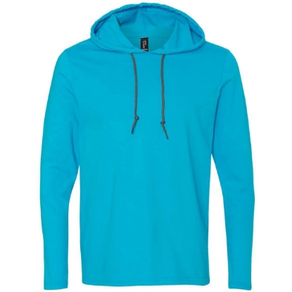 Custom Unisex Softstyle® Lightweight Hooded Long Sleeve T-Shirt Caribbean Blue/ Dark Grey