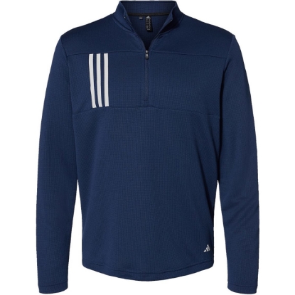 Custom Mens 3-Stripes Double-Knit Quarter-Zip Pullover Team Navy Blue/ Grey Two