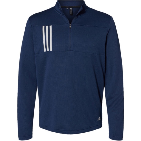 Custom Mens 3-Stripes Double-Knit Quarter-Zip Pullover Team Navy Blue/ Grey Two
