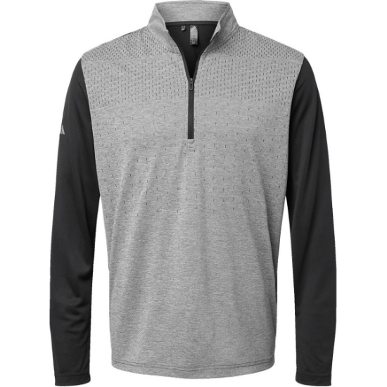 Custom Mens Ultimate365 Heather Block Print Quarter-Zip Pullover Black Melange/ Black/ Grey Three