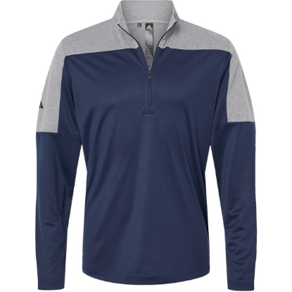 Custom Mens Ultimate365 Lightweight Colorblocked Quarter-Zip Pullover Collegiate Navy/ Grey Three Melange