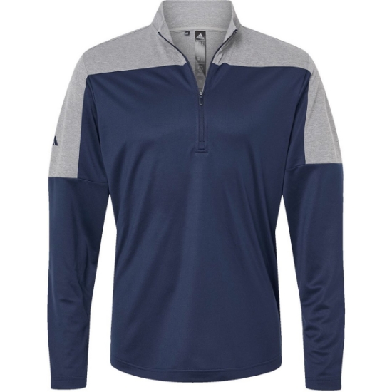 Custom Mens Ultimate365 Lightweight Colorblocked Quarter-Zip Pullover Collegiate Navy/ Grey Three Melange