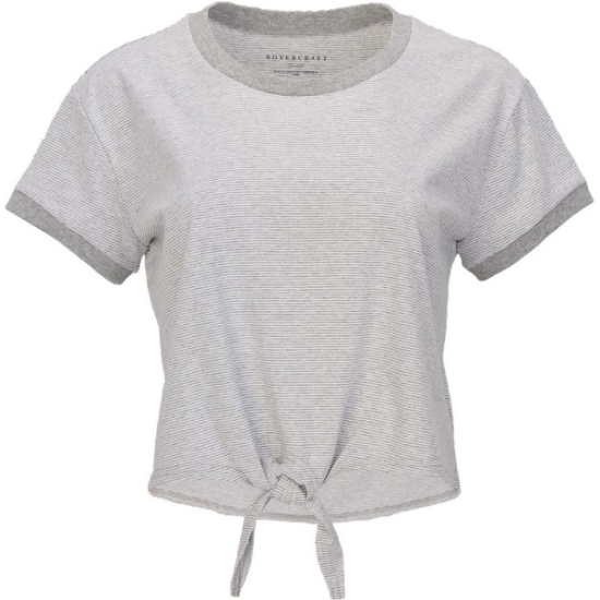 Custom Womens Striped Tie Front T-Shirt Oxford Heather/ White