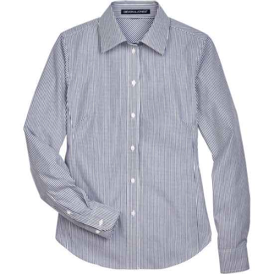 Custom Womens Crown Collection® Banker Stripe Woven Dress Shirt Navy