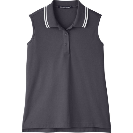 Custom Womens CrownLux Performance® Plaited Tipped Sleeveless Polo Graphite/ White