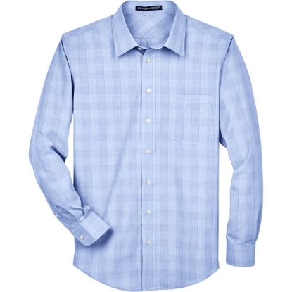 Custom Mens Crown Collection® Glen Plaid Woven Dress Shirt White/ Light French Blue