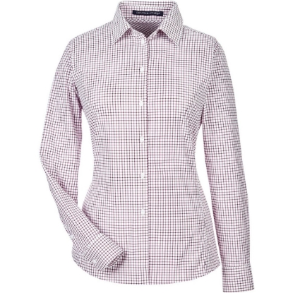 Custom Womens CrownLux Performance® Micro Windowpane Woven Dress Shirt Burgundy/ White