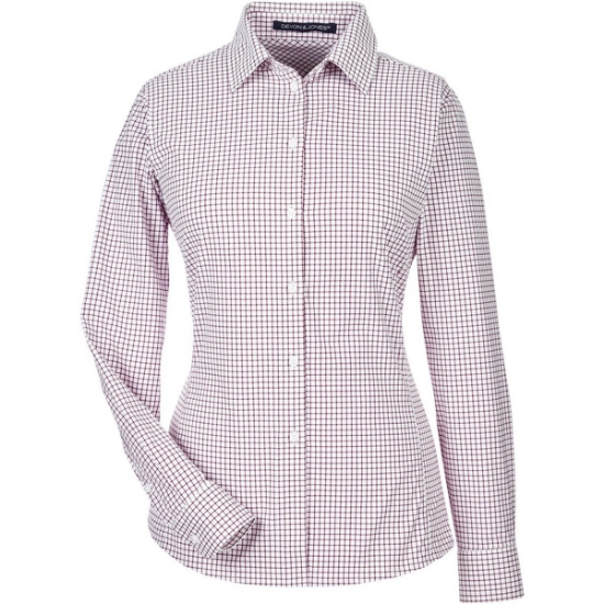 Custom Womens CrownLux Performance® Micro Windowpane Woven Dress Shirt Burgundy/ White