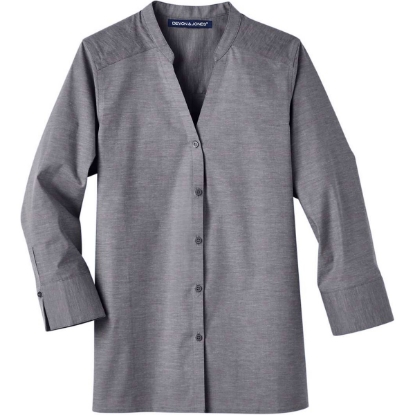 Custom Womens Crown Collection® Stretch Pinpoint Chambra Three-Quarter Sleeve Shirt Graphite