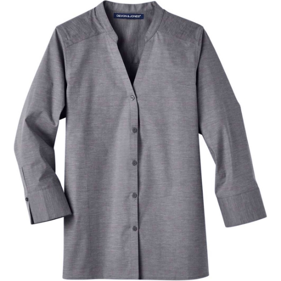 Custom Womens Crown Collection® Stretch Pinpoint Chambra Three-Quarter Sleeve Shirt Graphite