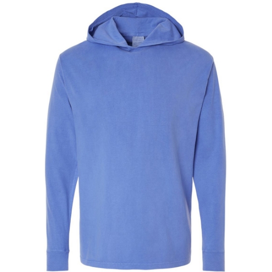 Custom Unisex Garment-Dyed Jersey Hooded Long Sleeve T-Shirt Deep Forte Blue