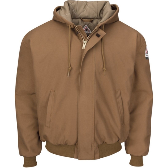 Custom Mens Insulated Brown Duck Hooded Jacket with Knit Trim Brown Duck