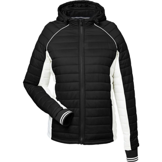 Custom Womens Nautical Mile Hooded Puffer Jacket Black/ Antique White