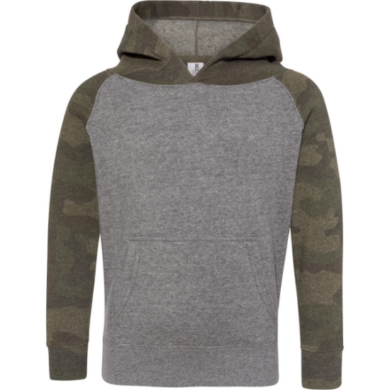 Custom Toddler Special Blend Hooded Raglan Sweatshirt Nickel Heather/ Forest Camo