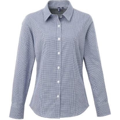 Custom Womens Microcheck Gingham Cotton Shirt Navy/ White