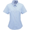 Custom Womens Microcheck Gingham Short Sleeve Cotton Dress Shirt Light Blue/ White