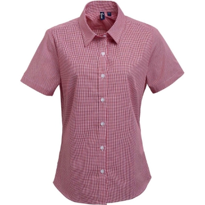 Custom Womens Microcheck Gingham Short Sleeve Cotton Dress Shirt Red/ White