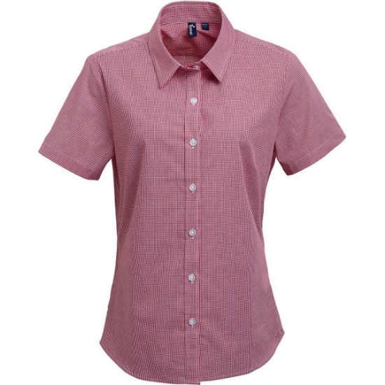 Custom Womens Microcheck Gingham Short Sleeve Cotton Dress Shirt Red/ White