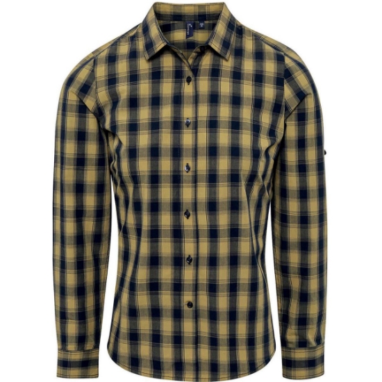 Custom Womens Mulligan Check Cotton Dress Shirt Camel/ Navy