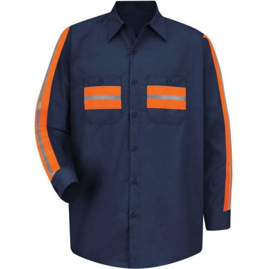 Custom Mens Tall Industrial Enhanced-Visibility Long Sleeve Work Shirt Navy/ Orange Trim