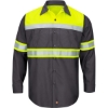 Custom Mens Tall Hi-Visibility Colorblock Ripstop Long Sleeve Work Shirt Fluorescent Yellow/ Charcoal