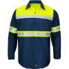 Custom Mens Tall Hi-Visibility Colorblock Ripstop Long Sleeve Work Shirt Fluorescent Yellow/ Navy