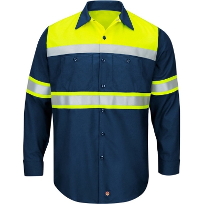Custom Mens Tall Hi-Visibility Colorblock Ripstop Long Sleeve Work Shirt Fluorescent Yellow/ Navy