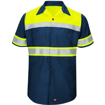Custom Mens Tall Hi-Visibility Colorblock Ripstop Short Sleeve Work Shirt Fluorescent Yellow/ Navy