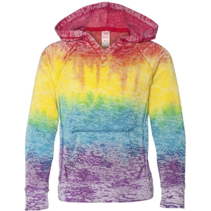 Custom Girls’ Courtney Burnout V-Notch Hooded Sweatshirt Rainbow Stripe