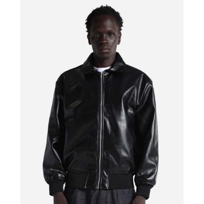 Custom Unisex PU Leather Collared Varsity Jacket Black