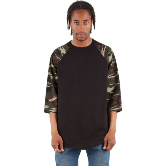 Custom Unisex Three-Quarter Sleeve Camo Raglan T-Shirt Black/ Camo Green