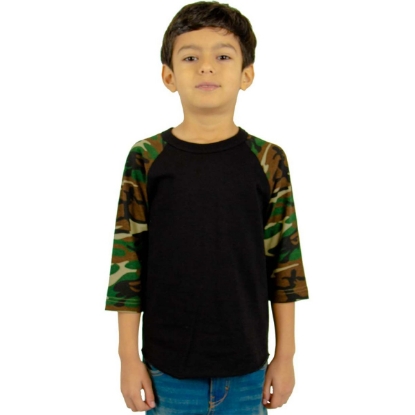 Custom Youth Three-Quarter Sleeve Camo Raglan T-Shirt Black/ Camo Green