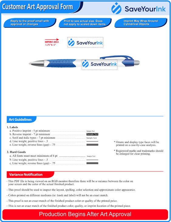 Virtual proof example showing logo placement, imprint area dimensions, and art positioning on a custom product